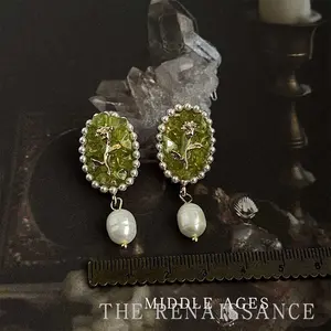 Green Zirconia Pearl Flower Drop Earrings for Women, 14K Gold Plated Brass Earrings, Victorian Royal Court Retro Palace Style Luxury Jewelry, 15x40mm
