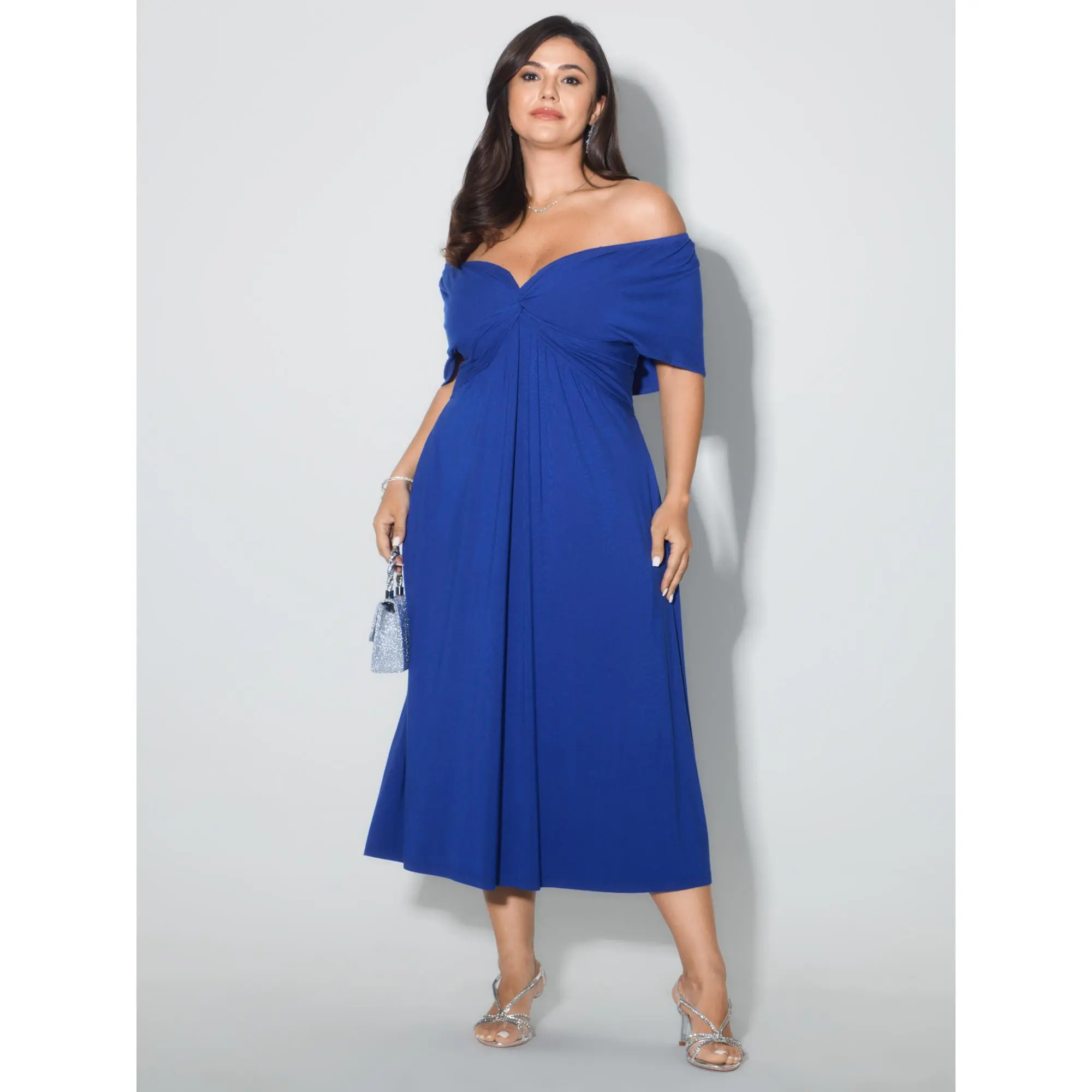 BLOOMCHIC Stylish Women's Wear Curvy Plus Size Clothes Off-Shoulder Short-Sleeve Midi Dress - Supersoft Rayon-Spandex, Ruched, Pocketed, for Party, Summer Events - Cap Sleeve Option
