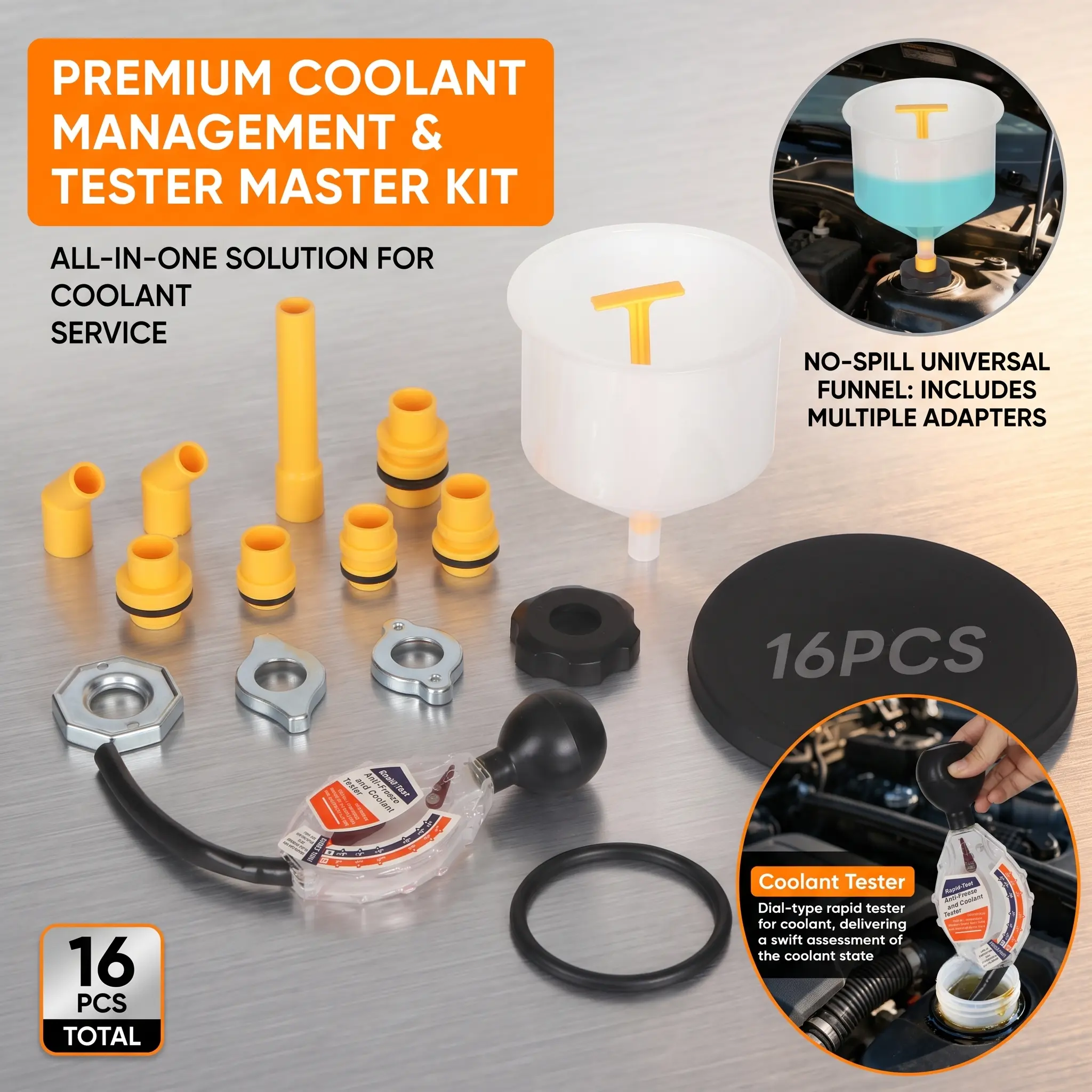Spill-Free Coolant Funnel Kit & Antifreeze Tester - 16-Piece No-Mess Radiator Bleeding & Air Pocket Removal Refill Tool for Ford, GM, Toyota