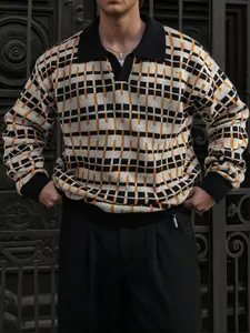 Men's Fall Winter Casual Thick Loose Fit Polo Neck Sweater, Abstract Pattern Colorblock Knit Pullover, Long Sleeve Retro Style Knitwear