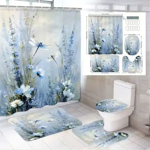 1/4pcsBlue White Floral Dragonfly Bathroom Curtain Set 4 Pieces - Large Shower Curtain, Toilet Seat Cover, 2 Bath Mats, Pastel Blue Flowers & Dragonflies, Elegant Tranquil Bathroom Decor for Spring/Summer/Home/Guest Room Shower Curtain Sets