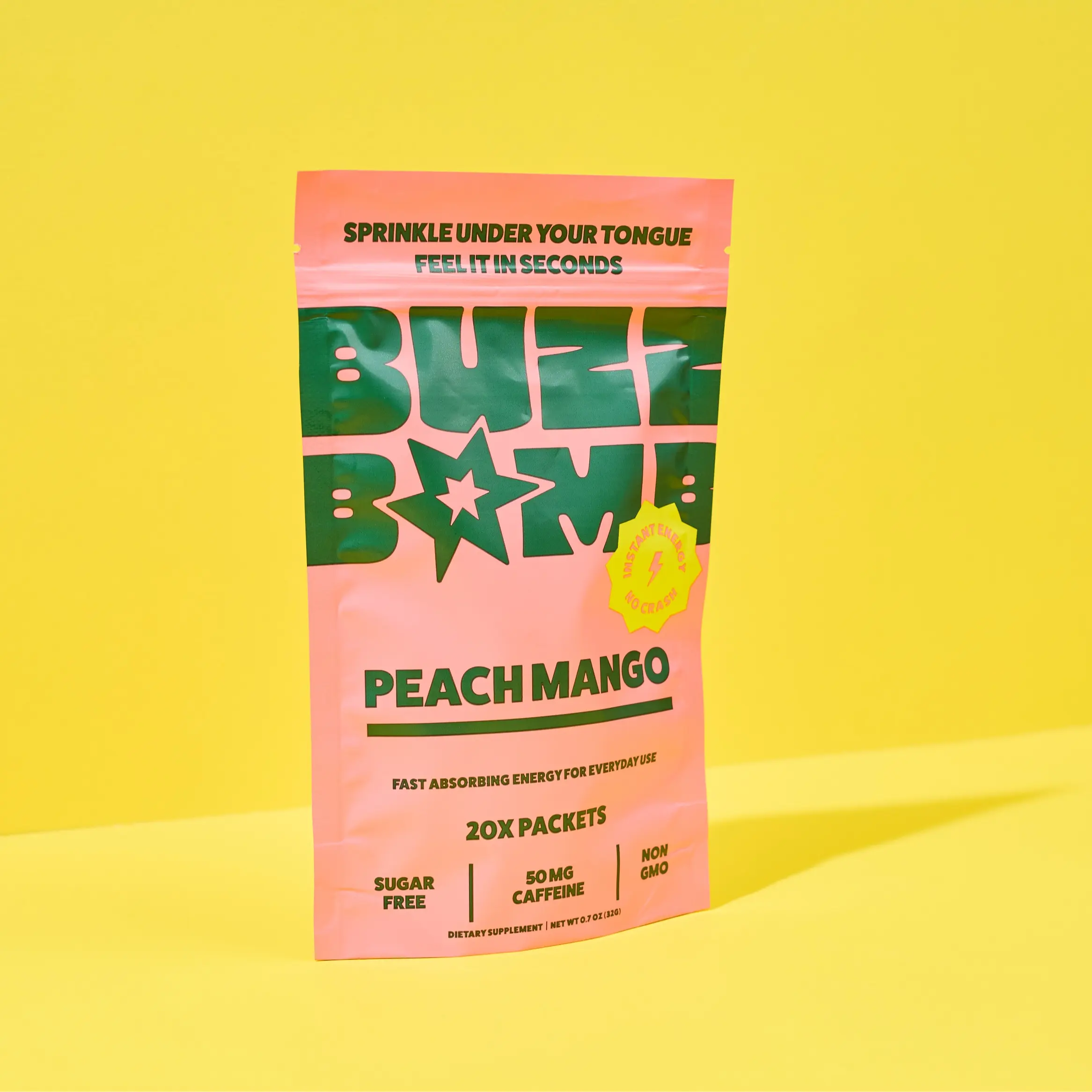BUZZ BOMB Energy Packets, Under the Tongue Caffeine, 20 Count, Peach Mango | Energy without the Drink, Sugar Free, Clean Caffeine Powder, 50mg Caffeine