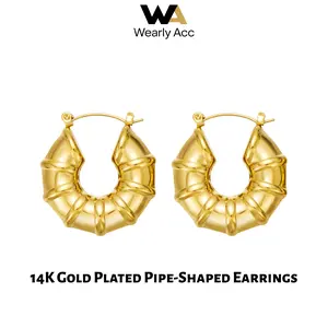 14K Gold Plated Bamboo Texture Tube Hoop Earrings, Waterproof Chunky Gold Hoops, Everyday Fashion Jewelry for Women