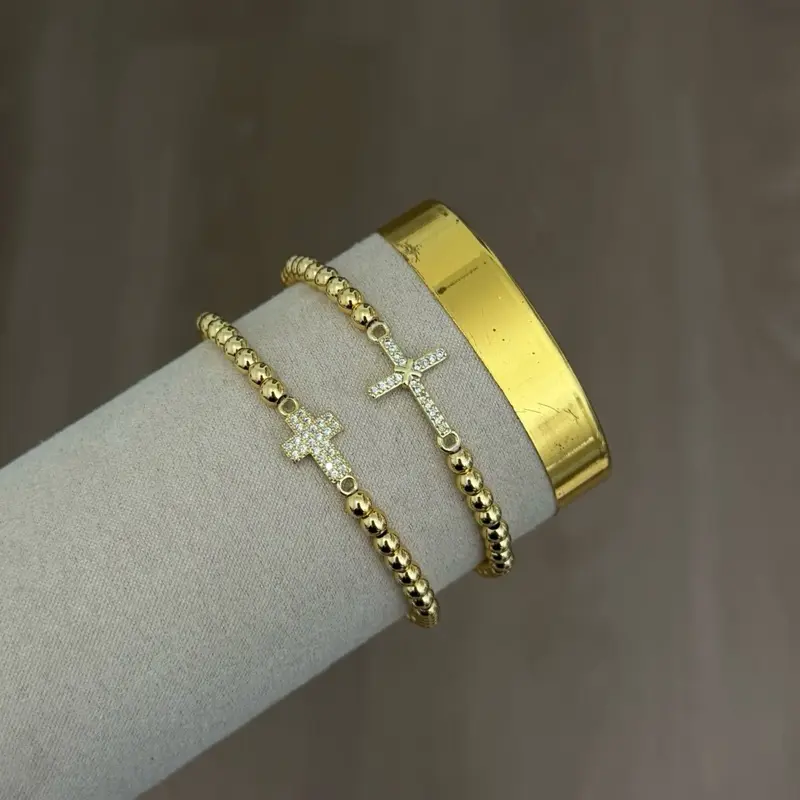 Faith Bracelet . Minimalist Gold Cross Beaded Bracelet | Waterproof Elastic Bracelet | 18K Gold Plated