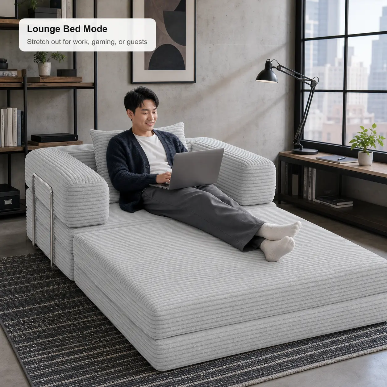 3-in-1 Foldable 2-Seater Sofa Bed with Pillow, No-Assembly Compressed Sleeper Couch, Ribbed Plush Modular Lounge for Apartments, Guest Rooms & Dorms