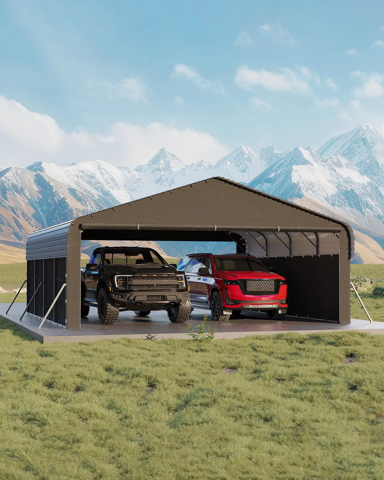 Gaomon Sturdy Triple Coat Steel-Framed Heavy Duty Outdoor Shelter, 20'x20'x10' All-Weather Unit with 220g Tarp Roof, 1.6''/19 Gauge Poles, 27 Gauge Sheet Metal, Easy Access Front/Back Roll-Up Doors, 11,000 lbs Capacity, Fits 2 Cars/Full-Size Pickup Trucks