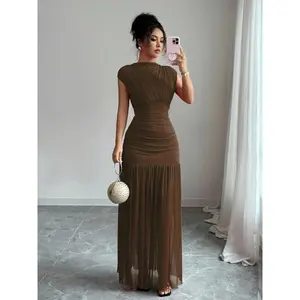 Fashionable New Solid Red Mock Neck Sleeveless Sexy Hollow-Out Mesh Patchwork Pleated A-Line Dress, Suitable For Graduation Party, Holiday Events, Date