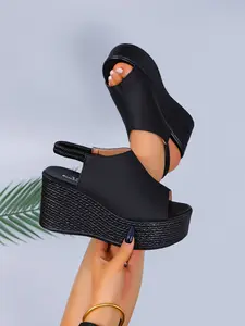BUCHICKEN Women's Solid Color Wedge Platform Sandals, High Heeled Sandals, Open-toe Elastic Ankle Strap Summer Shoes, Lightweight Versatile Footwear for Beach & Daily Casual Wear, Elegant Super High Heels for Women