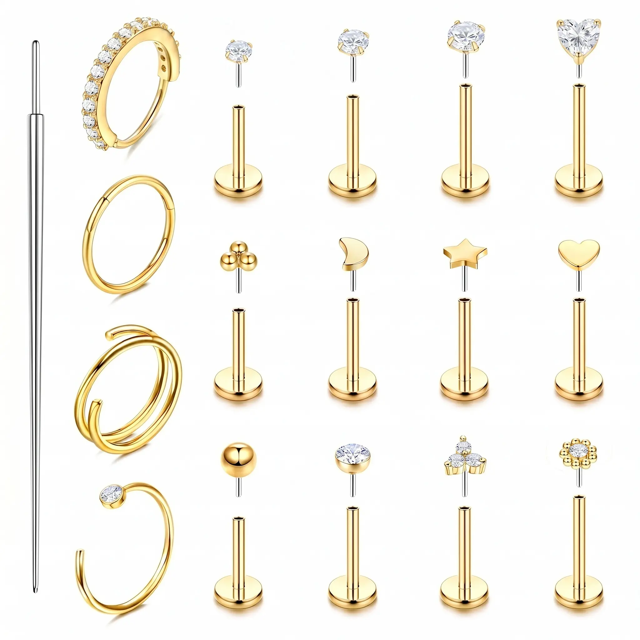 17PCS Lip, Nose and Ear Piercing Jewelry Set for Women and Men, Surgical Steel Studs and Cartilage Earrings for Everyday Body Jewelry