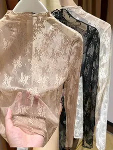 Women's Lace Long Sleeve Top Blouse, Half High Neck Design, Three-Piece Set, Autumn Winter Fashion, Inner Layer Mesh Shirt, Womenswear, Lady