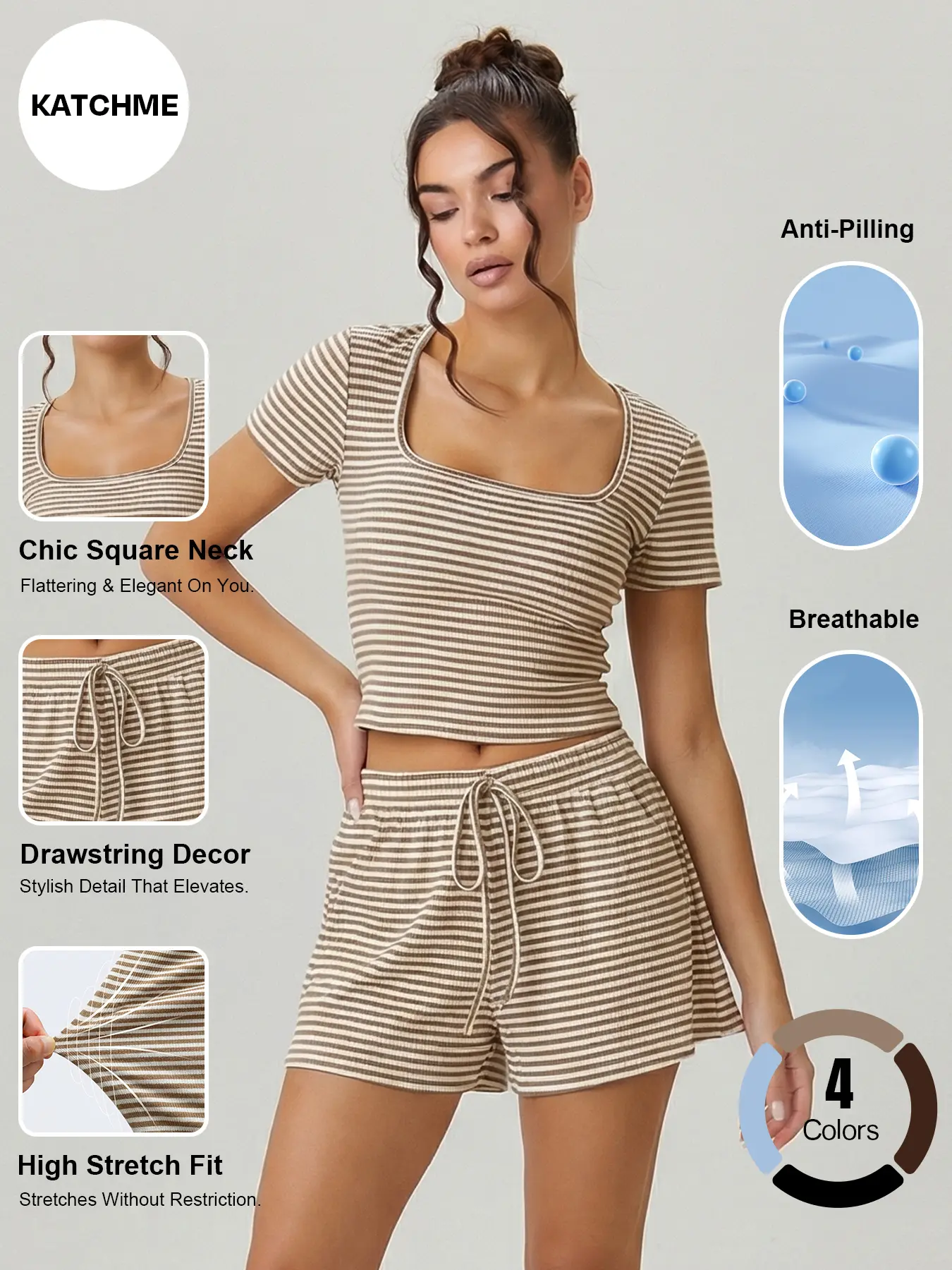 Katch Me Chic Women's Casual Stripe Square Neck Short Sleeve Crop Top & Drawstring Decor Shorts Co-ord, Summer Two Piece Sets, Anti-Pilling & Breathable Outfit