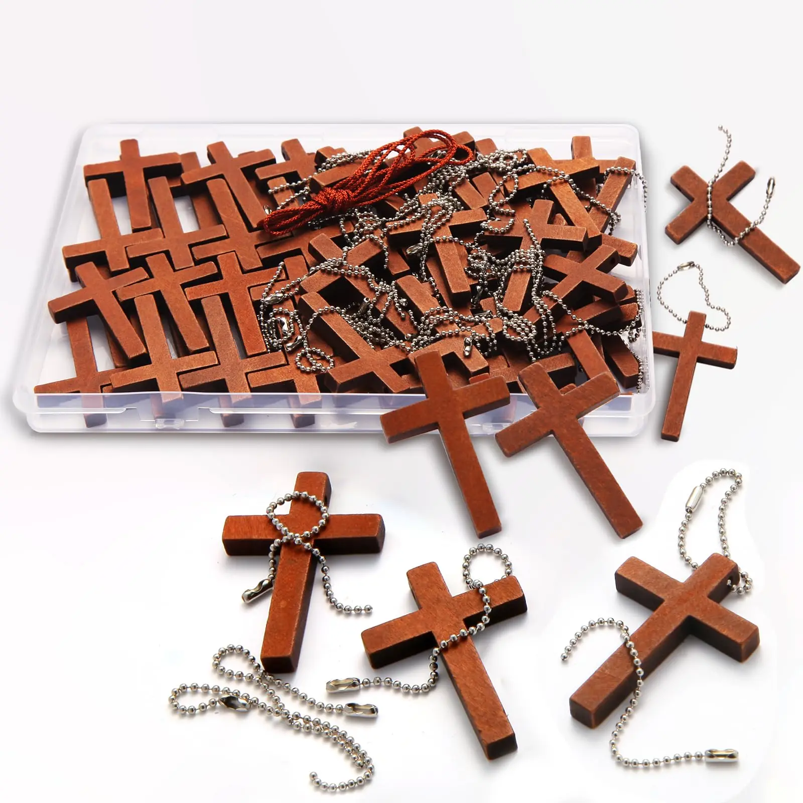 Natural Wooden Pocket Cross Box Set - 70 Cross Charms, 70 Chains, 3.15 in Sacred Christian Faith Decor, 1.75*1.2*0.2 in Small Size Natural Wood Warm Home Religious Decoration, DIY Jewelry Crafts, Church Prayer Gifts, Christianity