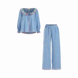 Cider 100% Cotton Floral Scoop Neckline Gingham Top & Straight Leg Trousers Loungewear Set