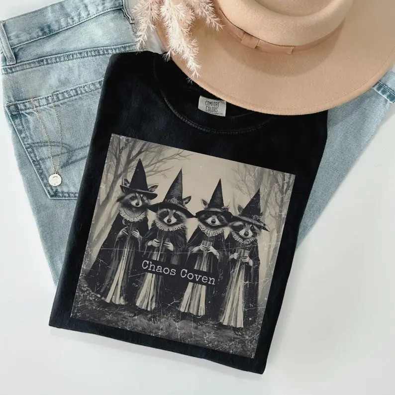 Comfort Colors Raccoon Witch Coven Shirt, Vintage Witchy Vibes Tee, Salem-Inspired Autumn Graphic T-Shirt, Spooky Season Cottagecore Shirt, Gothic Nature Gift
