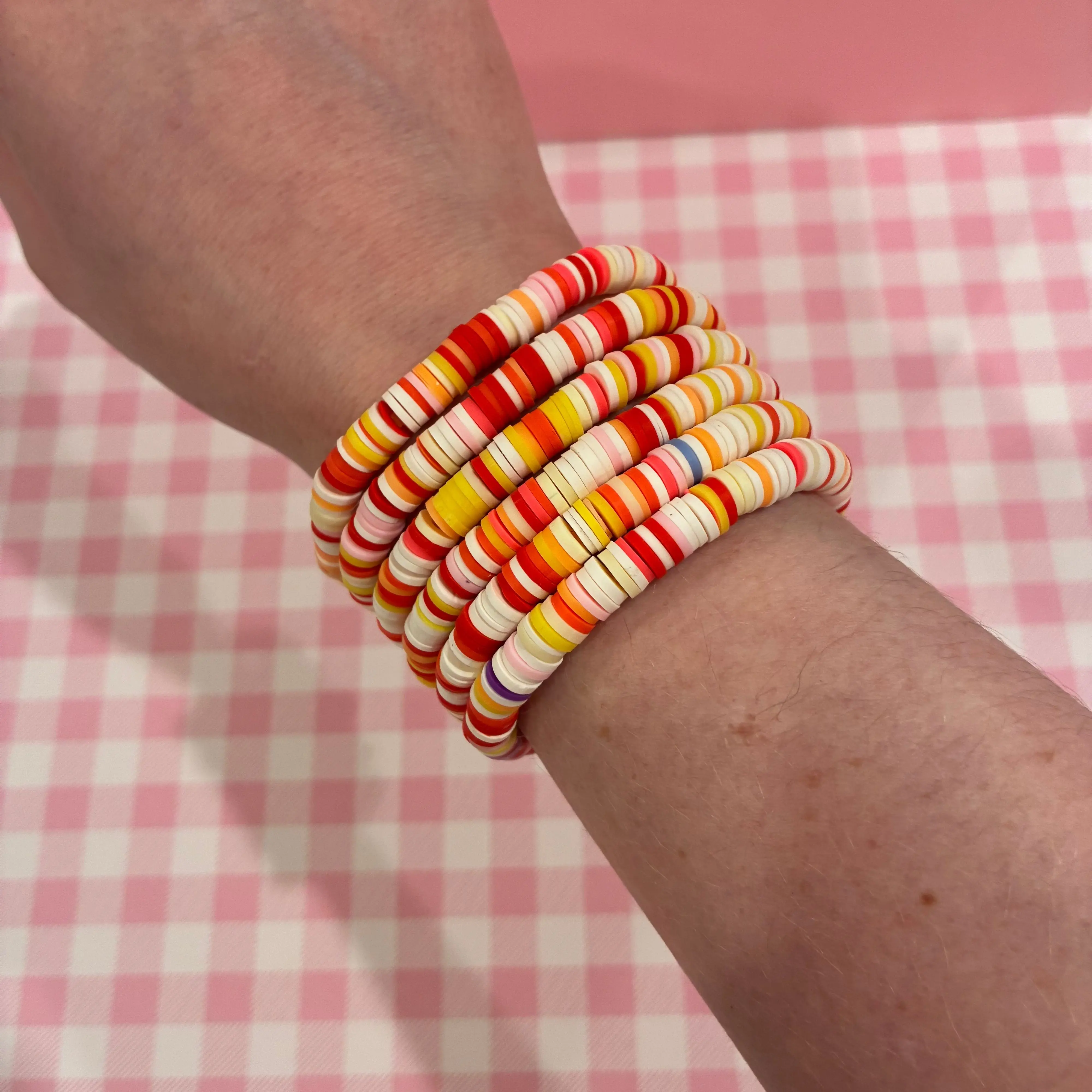Polymer Clay Bracelet, Handmade Summer Sunset Heishi Bead Jewelry with Crisp White Accents, Trendy for Daily Beach Wear and Bracelet Stacking, Jewelry Lover, Heishi Beads, Colorful Mix, Unisex