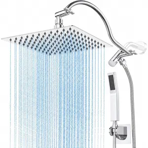 Metal 10" Rain Showerhead with Handheld  Combo Rainfall Overhead Shower Set with 12.6" Adjustable Extension Arm&Adhesive Bracket for  Families Chrome Plated Waterfall Shower  with Hose