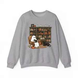 Retro Ghost Reading Books Sweatshirt, Librarian Ghost Halloween Sweater, Halloween Teacher Sweatshirt, Full Size Range, Perfect Fit for Everyone