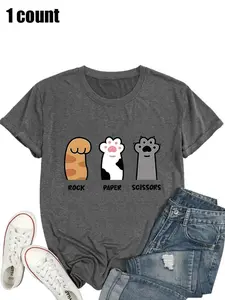 【Plus Size】 Cat Paw Print Round Neck Tee, Cute Rock Paper Scissors Print Short Sleeve T-shirt for Daily Wear, Women Plus Clothing for Summer, Top
