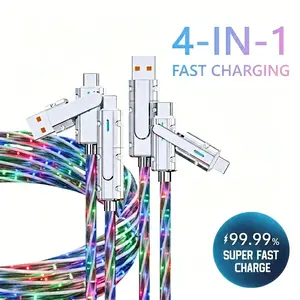 PBSEV Portable 4-in-1 Charging Cable with Color-Changing Lights, Multi-Functional Anti-Interference Data Cable, USB/Type-C toType-C/Lightning Fast Charging,Supports 100W Fast Charging and 27W Reverse Charging, Ideal for Bedroom/Office/Car Ambient Lighting