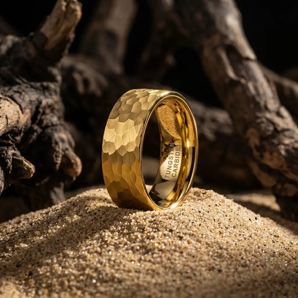 Yonifu Chunky Gold Hammered Tungsten Carbide Ring for Men Women, 8mm Wedding Band with Matte Finish & Comfort Fit, Christmas Thanksgiving Gift, Gold Rings, Valentines Day, Water Proof, Tungsten Rings
