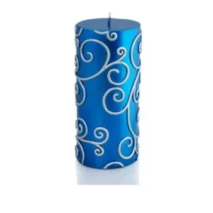 Zest Candle Blue Scroll Cotton Pillar Candle, CPS-008-12, 3x6 in, 12-Piece Bulk Case - Camping & Hiking Lights, Home Decor Lanterns