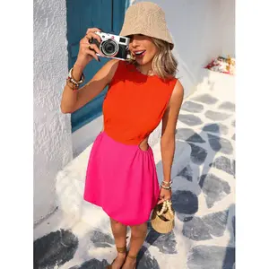 Ciel Fashion Color Block Cutout Waist Women's Mini Dress, Summer Clothes, Valentine's Day, Vacation Outfits Woman, Beach Outfits For Woman, Festival, Romantic, Bohemian, BOHO, Sweet, Rave Outfits Festival, Tropical Vacation Woman Clothes ,Vacation Outfits