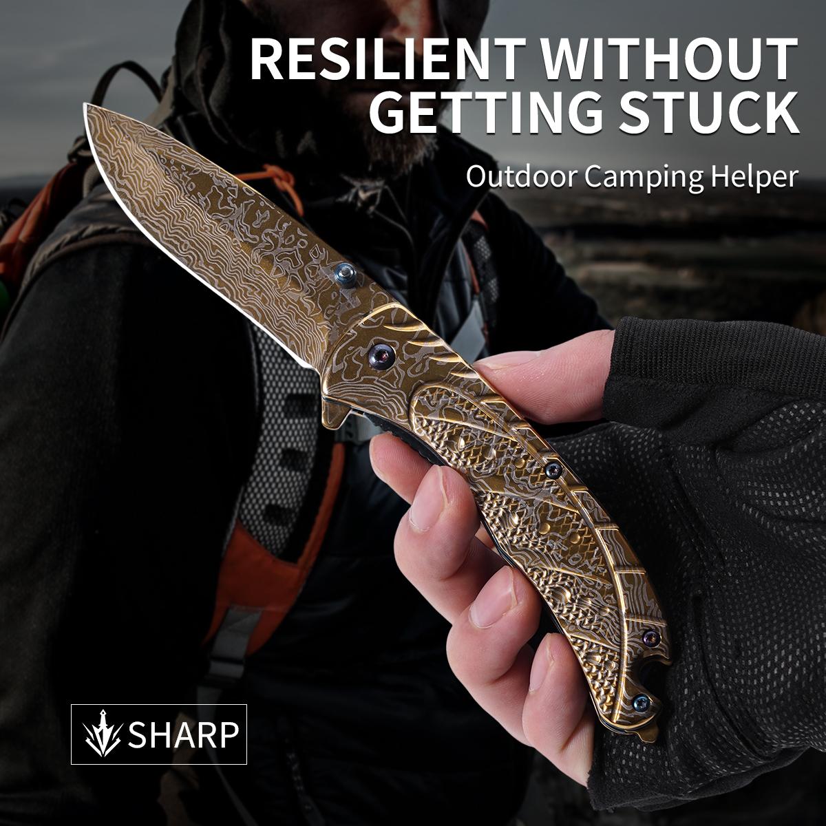 Outdoor Damascus Pattern Folding Pocket Knife,Damascus Pattern Folding Pocket Knife, EDC Outdoor Tool for Camping Hiking