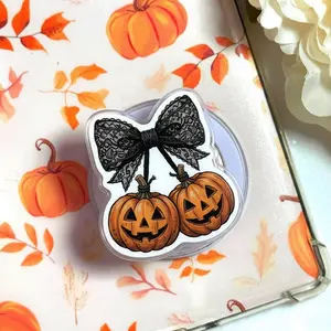 Lace Bow Pumpkin Phone Grip, Girly Halloween Pop Socket, Spooky Season Coquette Griptok, Trendy Pumpkin Autumn Ribbon Smartphone Stand