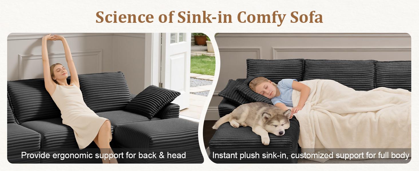 【2-4 Packages Shipping】NABUMI 142” Oversized Modular Sectional Sofa with Storage, Extra Deep&High Seat Corduroy Cloud Couch, Ergonomic Memory Foam Sofa, Comfy Fluffy, Free Combination, with Ottomans, Tool-Free Assembly, Black, Beige, Dark Gray, Green