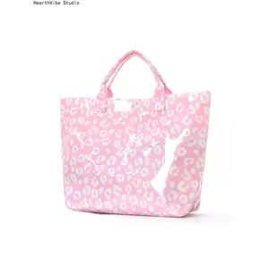 2026 Green & Pink Leopard Print Glossy Tote Bag, Waterproof PVC Large Capacity Handbag, Retro Cool Shoulder Bag for Travel & Daily Use, Aesthetic Tote Bag for Women & Girls