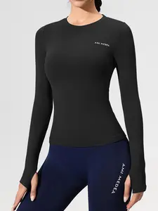 Women's Letter Print Thumb Hole Sports T-Shirt, Quick Dry and Breathable Long Sleeve, Perfect for Gym and Exercise, Activewear Fitness, Spring and Fall Activewear