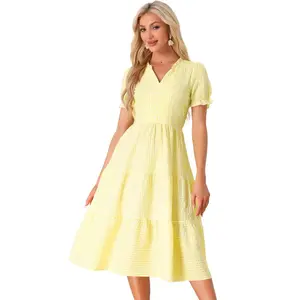 INSPIRE CHIC Women's Summer Ruffle Trim V Neck Button Decor Gingham Dress X-Large Yellow