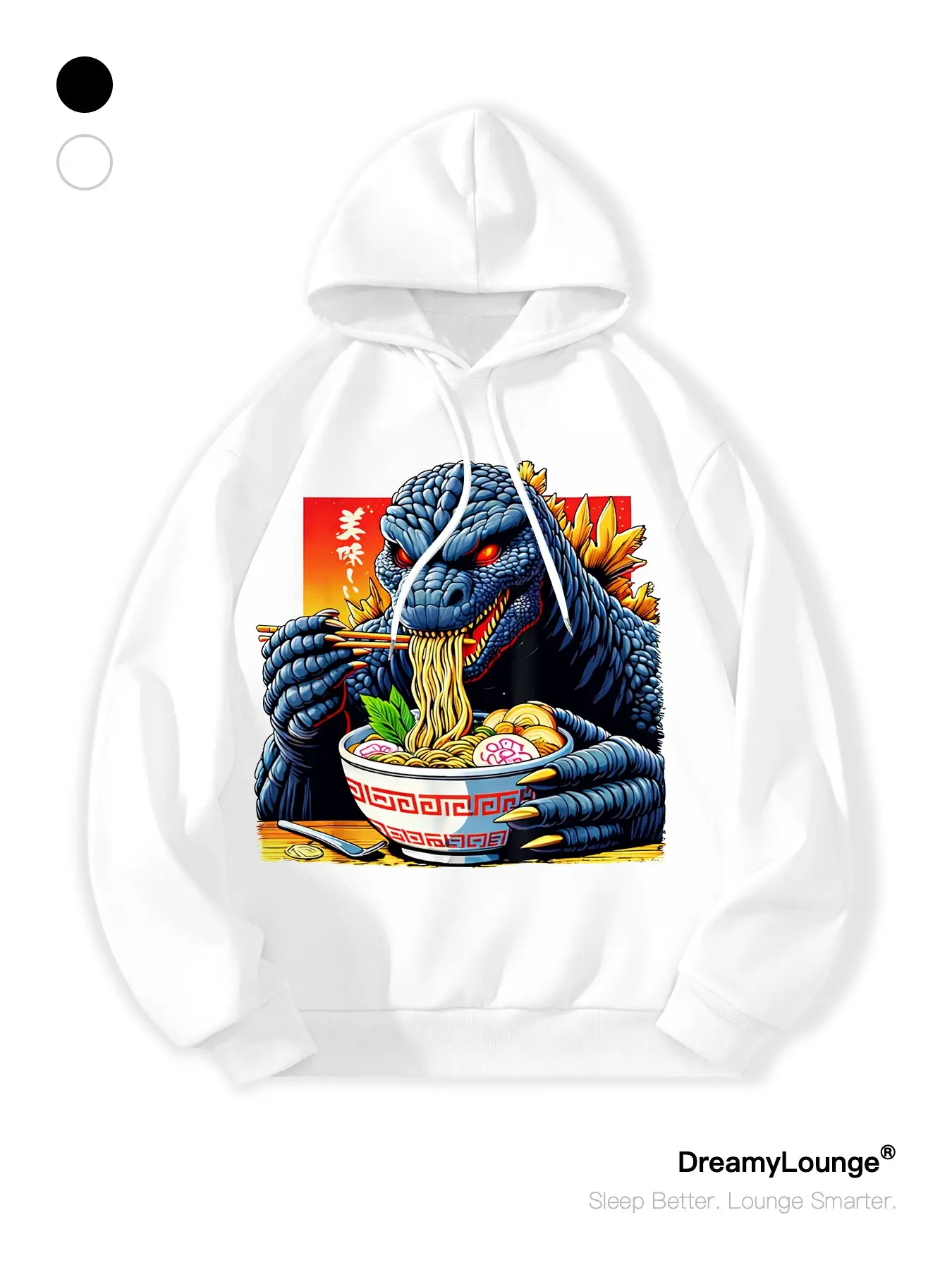 Funny Godzilla Eating Ramen Hoodie, Loose-Fit Casual Sweatshirt, Breathable Outdoor Wear, Perfect for Daily Home or Outdoors