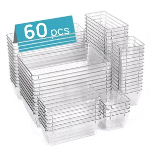44/ 60pcs Clear Plastic Drawer Organizers Set, 4-Size Versatile Bathroom and Vanity Organizer Trays, Non-Slip Storage Containers for Makeup, Jewelries, Bedroom, Kitchen Utensils and Office
