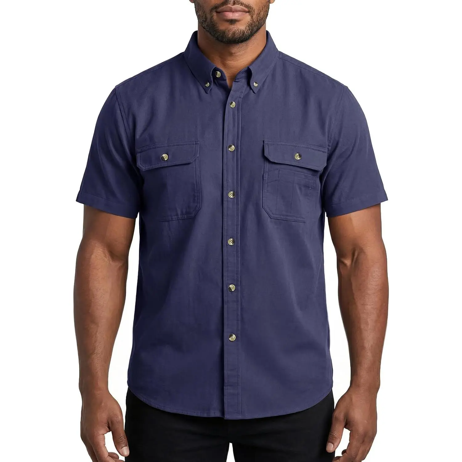 HISEA Men's Button Down Work Shirt, Short Sleeve Cotton Canvas Shirts for Men, Durable Classic Shirt with 2 Pockets
