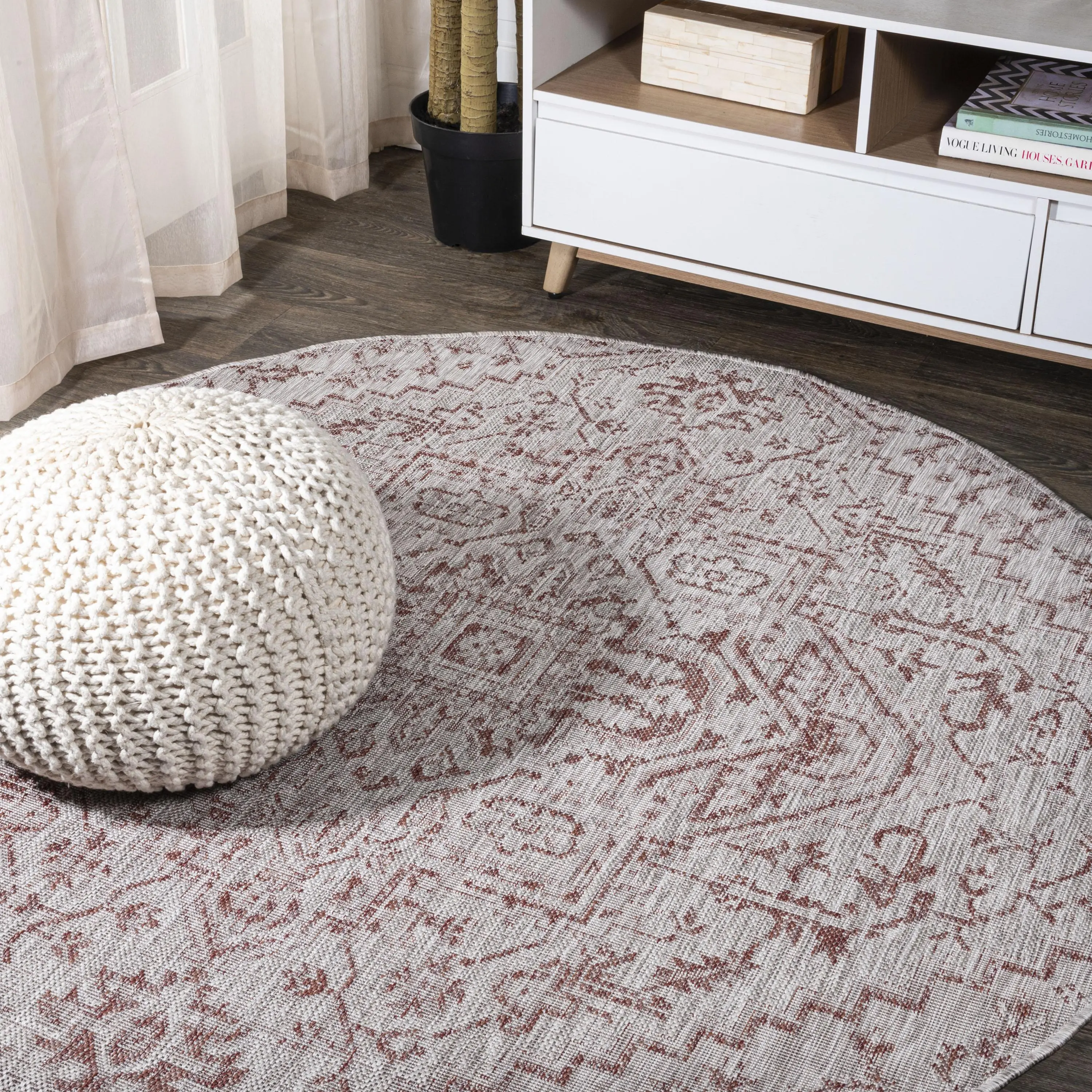 Estrella Bohemian Medallion Textured Weave Polypropylene Hand-Woven Decorative Round Rug, Indoor-Outdoor Bohemian Style Boho Area Rug, Bohemian Style Rugs