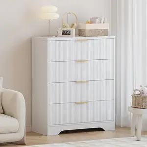 Fluted Dresser Dresser for Bedroom Modern Chest of Drawers with Waveform Fluted Panel Easy to Assemble with Gold Handle Wood Drawer Organizer for Bedroom Living Room Entryway Hallway 4 Drawer-White