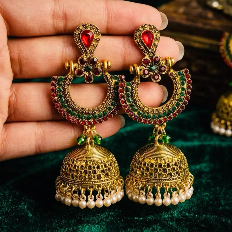 Women's Traditional Jhumka Earrings - Pearl Tassels, Red & Green Rhinestone Design - Elegant Aesthetic Jewelry for Weddings, Festivals