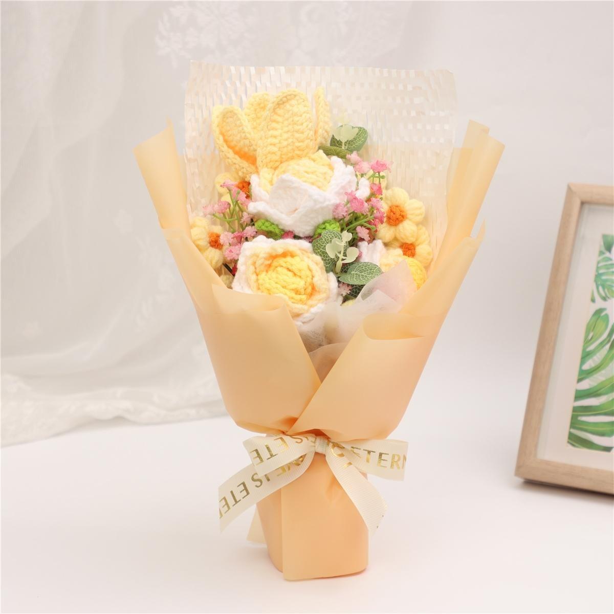 Mother's Day 1pc Handmade Knitted Rose & Lily Bouquet, Yarn Crochet Artificial Floral, Home Decoration, Perfect Gift for Christmas,  Valentine's Day, Birthday, Wedding and Anniversary