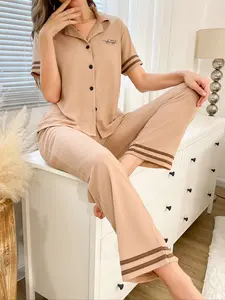 Women's Comfortable Knit Sleepwear Set, Trendy Striped Texture Pajamas, Essential Fashion Relaxing Sleepwear for All Seasons