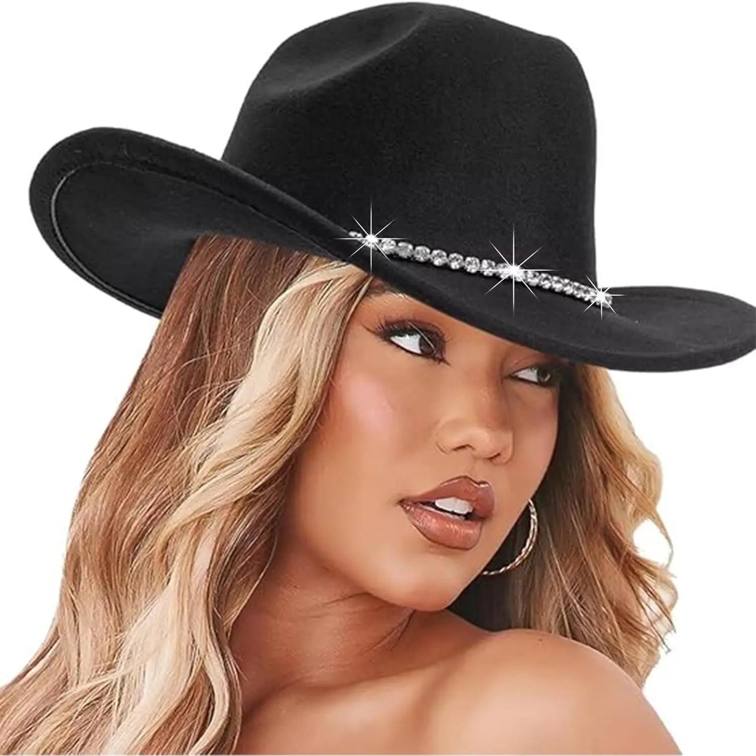 Rhinestone Cowboy Hat for Women, Glitter Cowgirl Hat for Party Disco Silver Rhinestone Cowgirl Hat – Rave Wonderland main image 2