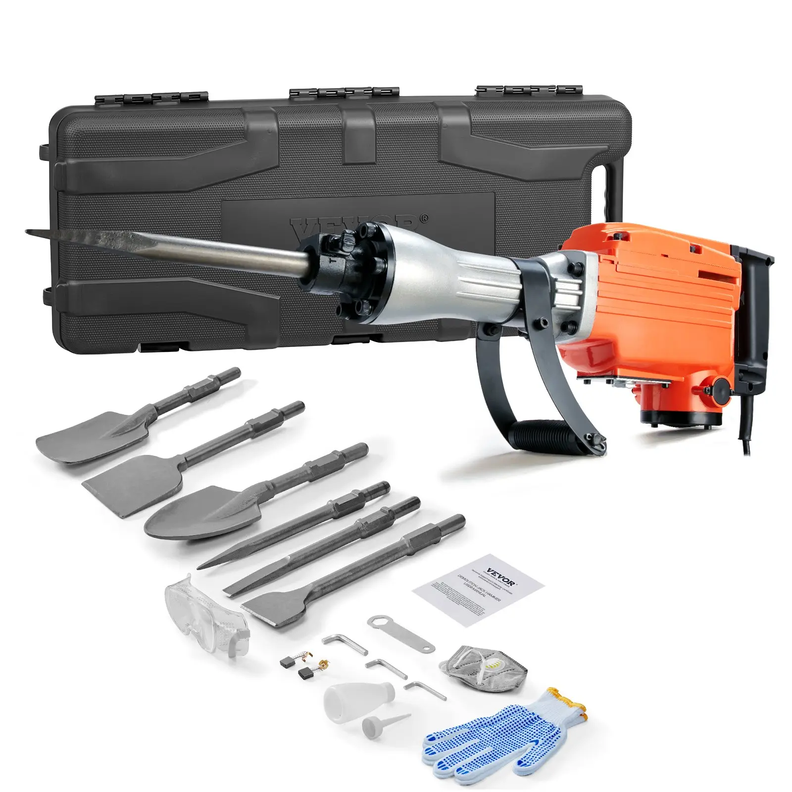 VEVOR JH-65 Model Jackhammer Tool Kit Set, 2200W Motor Heavy-Duty Electric Brick/Concrete Breaker, 1350 BPM, 6 Chisel Bits (Including Concrete Drill Bit), 1-1/8" Chuck, Storage Box, Aluminum Body Quick Clamp, Swivel Handle Power Tool for Mechanics