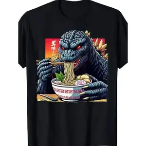 Godzilla Eating Ramen Print T-Shirt, Streetwear, 2026 Summer New Loose-Fit Soft Breathable Short Sleeve Top, Long Clothing, Printed Pattern.
