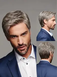 Men's Fashion Silver Short Hair Synthetic Wig, Daily Business Wear, Artificial Fiber, Suitable for Men, 1pc