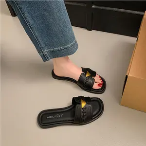 Women's Elegant Gold Triangle Accent Open Toe Mules - Comfortable Flat Sandals for Commuting & Summer Outings