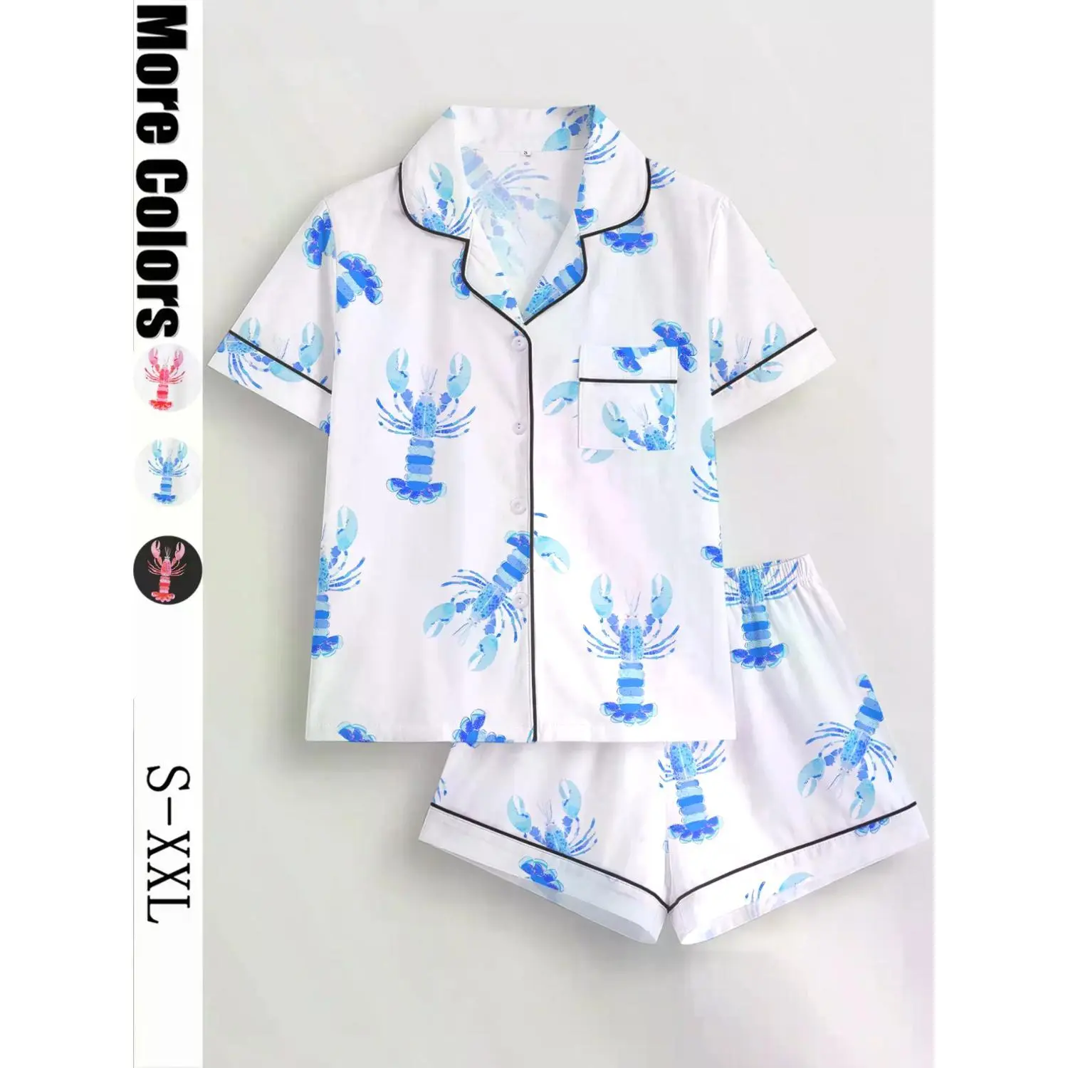 Lobster Print Women's Pajama Set: Short Sleeve Button-Up Shirt & Elastic Shorts - Beach Vacation Casual Sleepwear, Lightweight Loungewear for All Seasons
