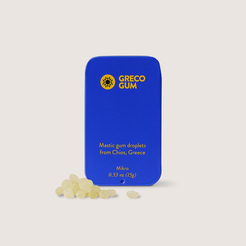 Greco Gum - Premium Mastic Gum Droplets - Hard Chewing Gum Promotes Jaw Exercise - Pure Mastic Resin with Piney Flavor - 1 Tin (45g)