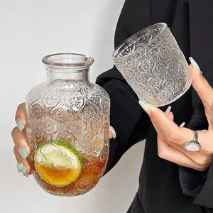 Elegant Vintage Glass Water Bottle and Cup Set with Patterns, Durable Fashion Design, Perfect for Cold Hot Drinks, Bedroom Bedside Table Bathroom Kitchen Decor