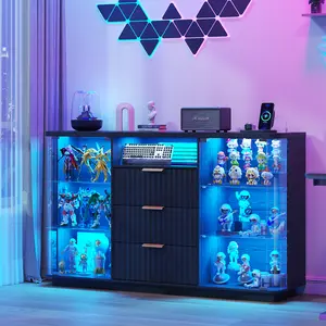 Vlsrka 40.5" Display Cabinet - with 3 LED Light, Sideboard Buffet with Human Body Sensor & 3 Drawer& Glass Shelves for Toys, Books, Collectibles, Bookcase for Living Room, Kitchen, Study