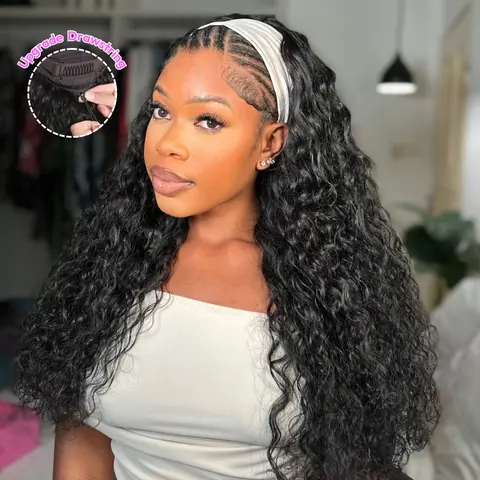 UNice Women's 180% Density Water Wave Glueless Human Hair Full Wig - Elastic Lace Headband, Invisible Drawstring Hold, Low Pressure, Heat Resistant, Non-Slipping, Adjustable, Easy Install for Beginners Everyday Wear